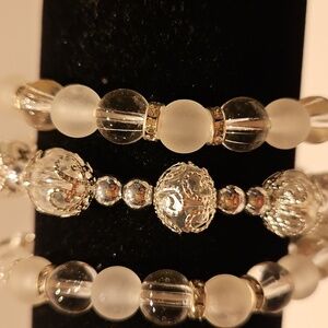 3 Angel, Cross, Clear & Frosted Glass & Rhinestone Stretch Beaded Bracelets
